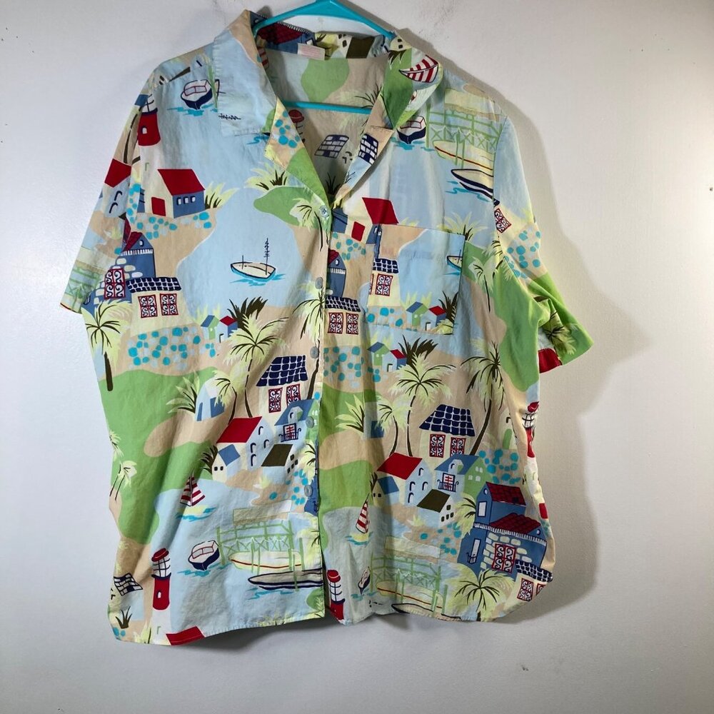 Womens Sleep Sense Button Shirt Cotton Island Lighthouse Blue‎ Red Black 2X